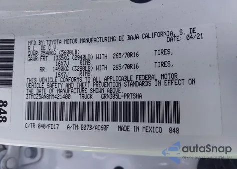 2021 Toyota Tacoma Trd Off-Road from USA, damaged, VIN 3TMCZ5AN8MM421400
